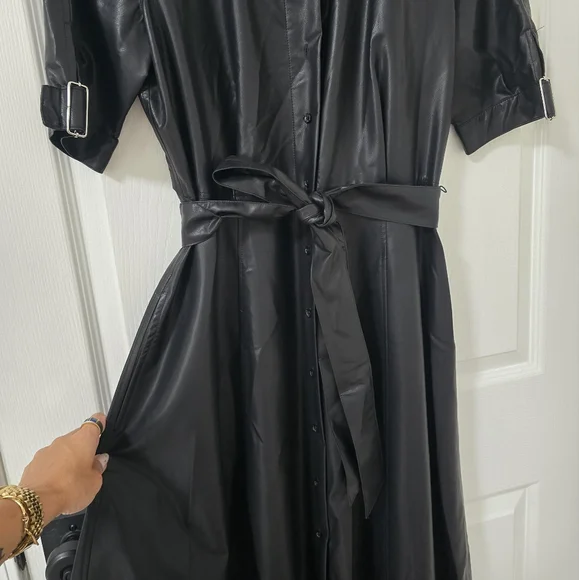 Black Denim Shirt Dress Calvin Klein Black Belted Dress Calvin Klein Black  Faux Leather Short Sleeves